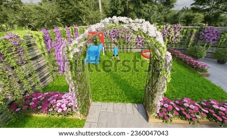 Floral Backyard Design with Sitting zone, play zone and fireplace 3D rendered