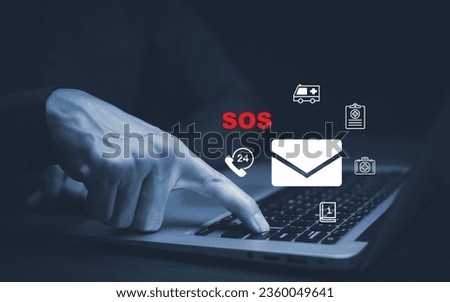 SOS with Emergency app concept, Business people using a laptop and touch bar Emergency app at home, call phone, Chat message icon, Emergency application from smartphone for elderly, call for help