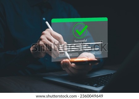 Online payment with digital marketing, Businessman touch banking online bill payment Approved concept button, credit card and network connection icon on business technology virtual screen background