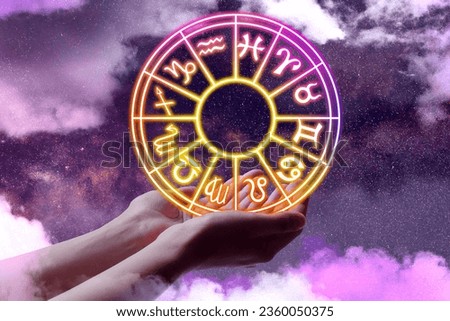 Astrology. Woman holding zodiac wheel against starry night sky with clouds, closeup