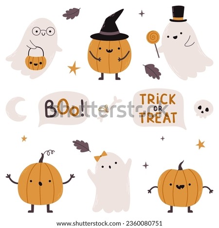 Little cute Halloween pumpkin and ghost collection. Cartoon pumpkins and ghost with different emotions. Royalty-Free Stock Photo #2360080751