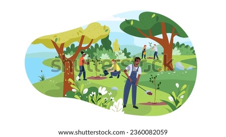 Vector landscape illustration of nature and people of different races restoring the forest. Joyful people plant trees. Colorful illustration of the park. Concept of teamwork, ecosystem conservation Royalty-Free Stock Photo #2360082059