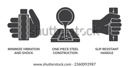 Icons set for labeling of working tools such as hammer, pilers or sledge - minimize vibration and shock, one-piece steel construction, slip-resistant handle Royalty-Free Stock Photo #2360092987