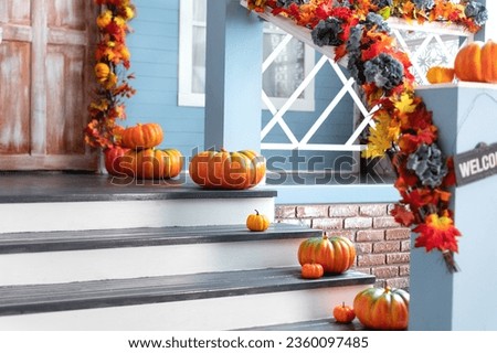 Porch of yard decorated with orange pumpkins in autumn. Thanksgiving. Halloween outside. Residential house decorated for Halloween holiday. Different colored pumpkins in front door On Wooden Steps.