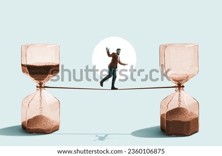 A man balances on a tightrope between an hourglass. Art collage.