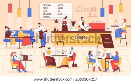Coffee shop with visitors. Colorful cafe interior with group of people enjoying coffee. Barista makes drinks for coffee house guests vector illustration of restaurant with drink Royalty-Free Stock Photo #2360107217