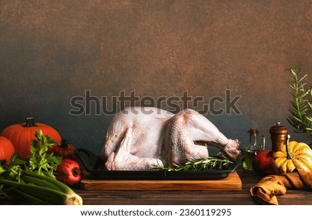 Thanksgiving culinary concept, cooking a turkey on a traditional family recipe, front view of a raw poultry with season ingredients,  copyspace for a text Royalty-Free Stock Photo #2360119295