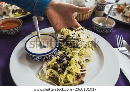 Sopes with beans, chicatana ants, lettuce, cream and red sauce, typical Mexican food.
