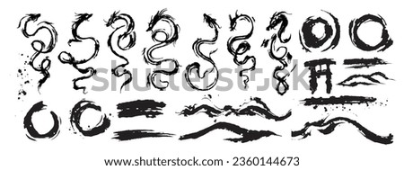 Ink Chinese dragon brushstroke set vector Japanese watercolor tribal tattoo oriental calligraphy kit. Abstract snake silhouette stains, vintage zodiac traditional painting collection. Ink dragon  Royalty-Free Stock Photo #2360144673