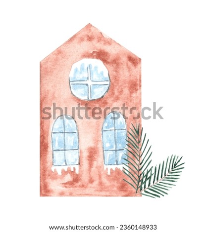 Watercolor hand drawn red cute cozy house with icy roof and windows with icicles and fir tree branch as aquarelle design element.Isolated on white background.