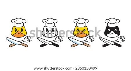 duck vector chef hat bakery icon kitchen cooking logo fork spoon cartoon character yellow rubber duck shower bathroom bird chicken symbol doodle isolated illustration design