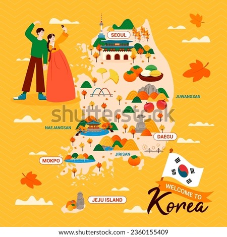 Attractive Korea travel map vector illustration. Traveling in Korea during autumn season Royalty-Free Stock Photo #2360155409