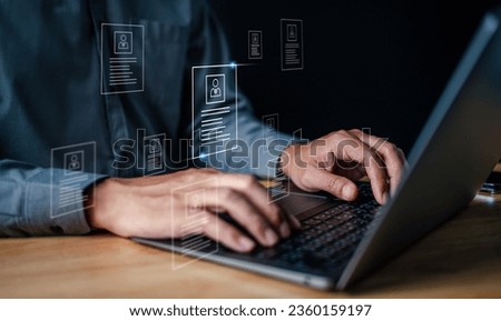 search, profile, hr, selection, background, talent, management, resource, choose, executive. typing keyboard at laptop for searching talent profile people. then select it for put the right man to job.