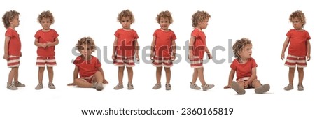 various poses of same boy summer clothing on white backgroud Royalty-Free Stock Photo #2360165819