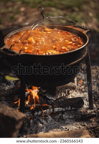 Tourist pot over camp fire. Cooking in field conditions, boiling pot at the campfire on picnic. A cauldron for cooking is on the fire in the open air. Soup on a fire. Food outdoors. Kettle goulash. Royalty-Free Stock Photo #2360166143