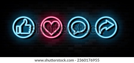 Thumb up and heart neon icon. Like, forward, comment repost neon sign