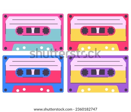 Cassette tape. Classic 80s 90s element.Cassette with retro vintage object for 80s.Stereo cassette. Retro audio tape with music record.Vector flat illustration.Isolated on white background. Royalty-Free Stock Photo #2360182747