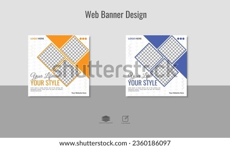 Social media post template for Fassion business promotion with agency logo and icon. web banner with abstract background. Fassion sale poster. Online marketing flyer.