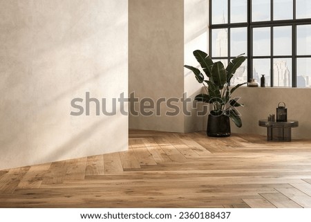 Modern interior design of apartment, dining room with table and chairs, empty living room with beige wall, panorama. Royalty-Free Stock Photo #2360188437