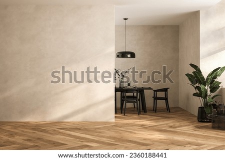 Modern interior design of apartment, dining room with table and chairs, empty living room with beige wall, panorama. Royalty-Free Stock Photo #2360188441
