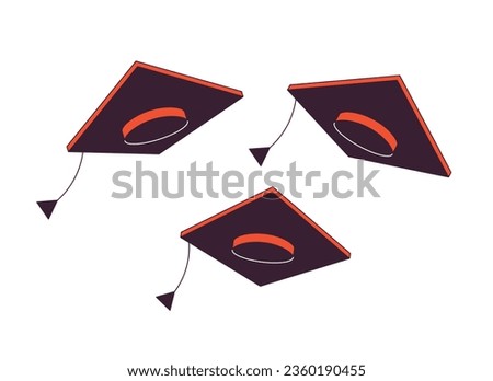 Square academic caps flat line color isolated vector object. Graduation caps flying in air. Editable clip art image on white background. Simple outline cartoon spot illustration for web design