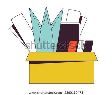 Fired box flat line color isolated vector object. You are fired. Belongings in box. Dismissal day. Editable clip art image on white background. Simple outline cartoon spot illustration for web design