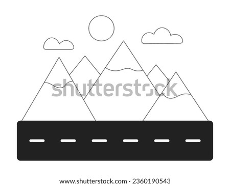 Road through mountains monochrome flat vector object. Beautiful landscape. Editable black and white thin line icon. Simple cartoon clip art spot illustration for web graphic design