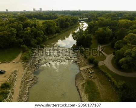 Gorgeous drone picture of the Red River at Trefoil Park in Fargo.