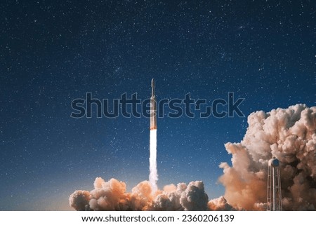 New modern rocket with smoke and blast successfully lift off into the starry sky. Spaceship launching into space, concept. Successful launch and space mission, creative idea. Space exploration