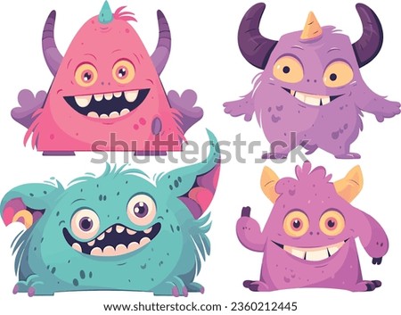 EPS vector file showcasing four adorable, vibrant little monsters. Each creature radiates charm, exuding cheerful and comical expressions. Far from frightening, they're irresistibly cute and jovial. Royalty-Free Stock Photo #2360212445