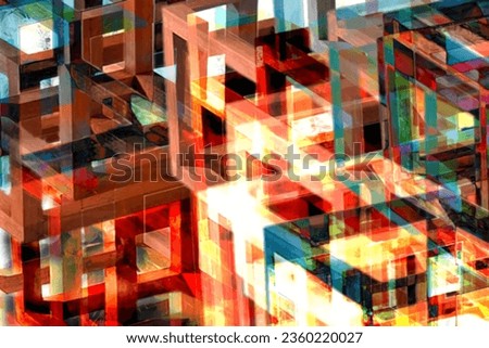 Abstract digital art piece depicting ordered chaos with overlapping cubes of different colors and sizes as buildings, evoking themes of urbanization and transformation Royalty-Free Stock Photo #2360220027