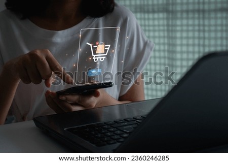 E-commerce concept. Asia women use smartphones for online shopping and digital banking via mobile apps. Customers buying objects from online shops, modern people's lifestyles.