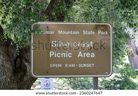 The Palomar Mountain State Park, Silvercrest Picnic Area sign at Palomar Mountain in Southern California USA.