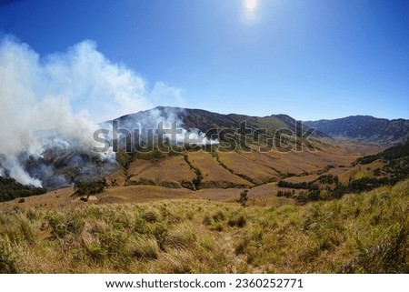 The current condition of Mount Bromo is when the savanna and Jemplang hills are burning, resulting in forest and land fires