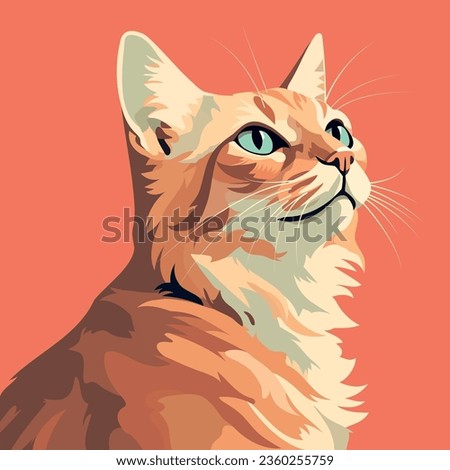 Realistic simple orange and white cat on a bright background. The animal is looking up. Illustration, vector, stylish design