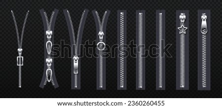 Set of zippers. Elements for clothing at copy space. Equiment for workshop and atelier. Poster or banner. Realistic isometric vector illustration isolated on transparent background Royalty-Free Stock Photo #2360260455