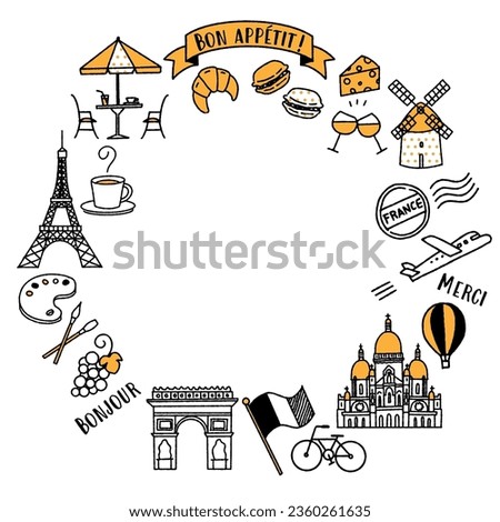 Simple and cute frame of illustrations related to France (yellow)