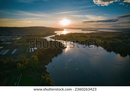 Sunset drone footage in Konstanz, Rhine River, Germany. 