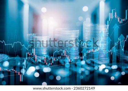 Stock market business finance, world economic growth trend, coin stack in background, investing mutual funds, financial risk management, debt ceiling, Quantitative Easing, effect inflation, interest Royalty-Free Stock Photo #2360272149
