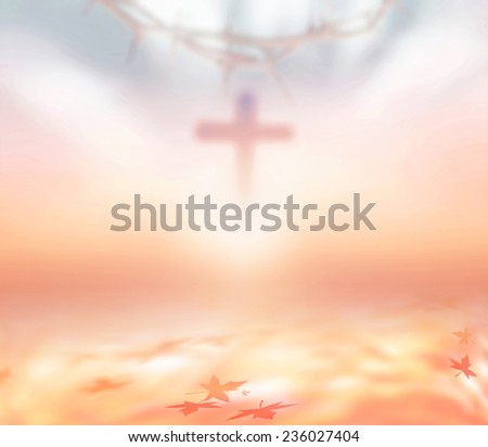 Good friday concept: Blurred crown of thorns and the cross on spiritual light background