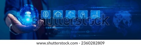 Panoramic banner of man holds a collection of icons representing robotic process automation and software management, the future of smart management and AI-driven innovation Royalty-Free Stock Photo #2360282809