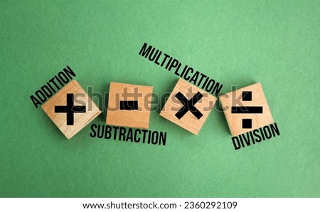 wooden squares with plus, minus, multiplication and division symbols. Four Basic Mathematical Operations. Addition, Subtraction, multiplication, division. Royalty-Free Stock Photo #2360292109
