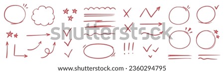 Red line check mark, underline, circle. Hand drawn doodle sketch red marker stroke emphases, highlight, check mark elements. Study focus, important underline, circle sketch. Vector illustration.