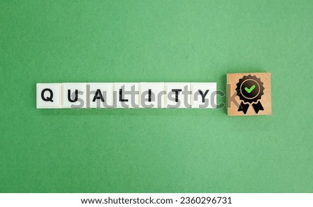 letters of the alphabet with quality words and quality symbols. advertising product and service quality commitment.  requirements and standards. ISO quality control certification concept. 