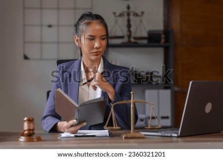 Asian female people in formal suit with digital legal consultation, business executives with online attorney, e-meeting with lawyer, virtual law consultation, corporate legal advisor online Royalty-Free Stock Photo #2360321201