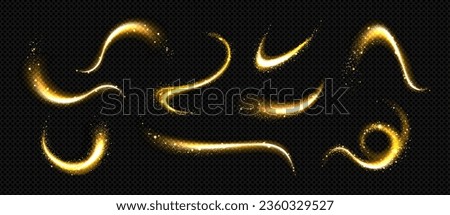 Magic gold glitter dust with star sparkle vector trail effect. Golden fairy shine light and stardust abstract swirl texture. Shiny luxury yellow tail with bright particle spray. Comet falling twirl Royalty-Free Stock Photo #2360329527