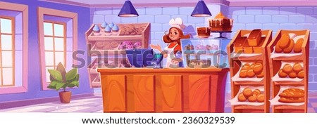 Woman near bakery shop counter vector cartoon background. Baker in confectionery cafeteria with modern interior. Donut, bun, dessert and bread production canteen showcase with happy character scene Royalty-Free Stock Photo #2360329539