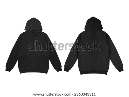 Template blank flat Black hoodie. Hoodie sweatshirt with long sleeve flatlay mockup for design and print. Hoody front and back top view isolated on white background Royalty-Free Stock Photo #2360343311