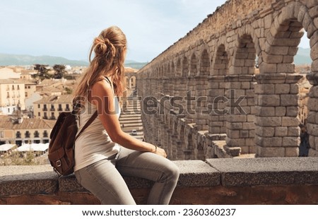 Segovia roman aqueduct- tour tourism, travel destination in Spain Royalty-Free Stock Photo #2360360237