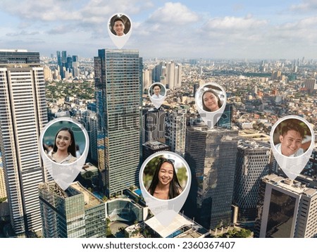Pins revealing exact location of select people in the city. Real-time online location and GPS consented tracking app concept. Royalty-Free Stock Photo #2360367407